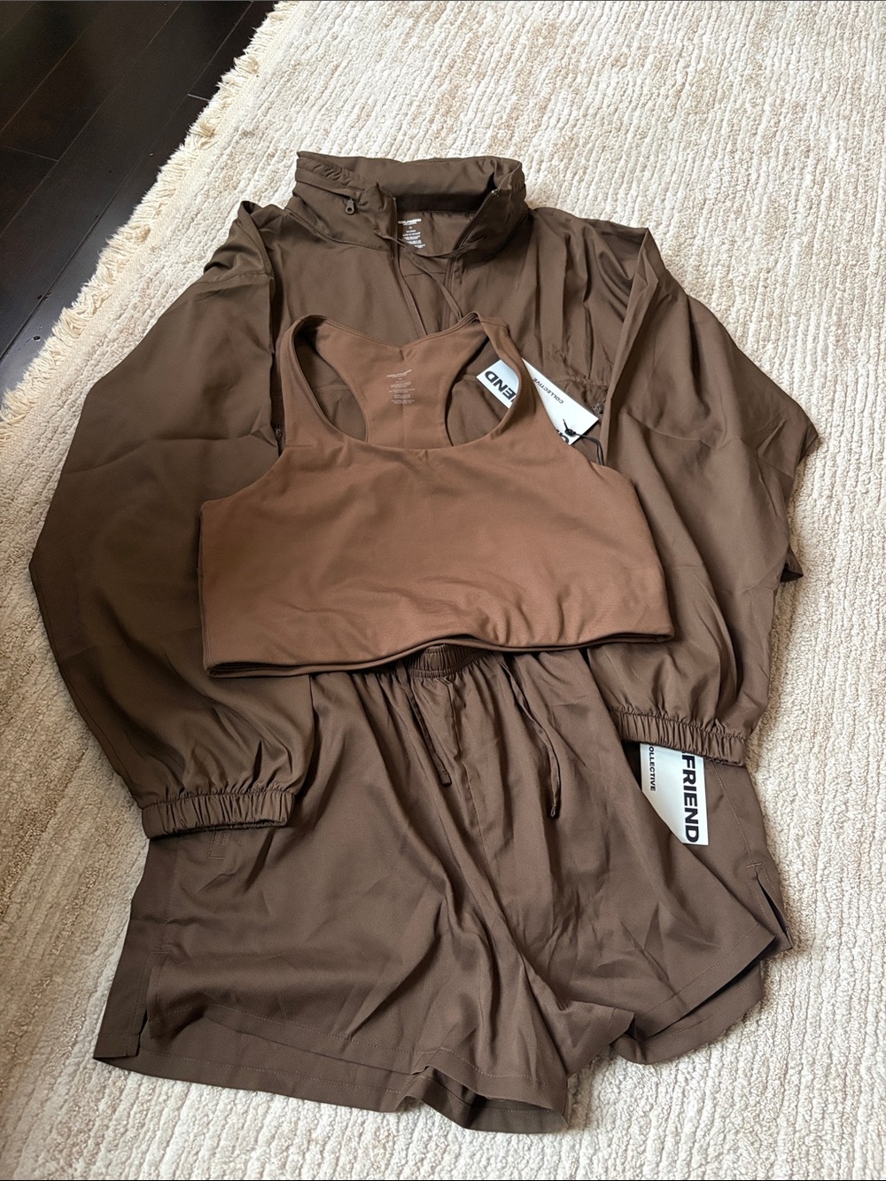 girlfriend collective Brown Active Jacket/Shorts/Sports Bra co-ord set XL